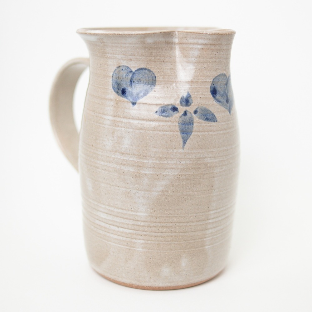 Vintage 1984 Buell Art Pottery Salt Glaze Pitcher Cobalt Hearts Flowers Signed